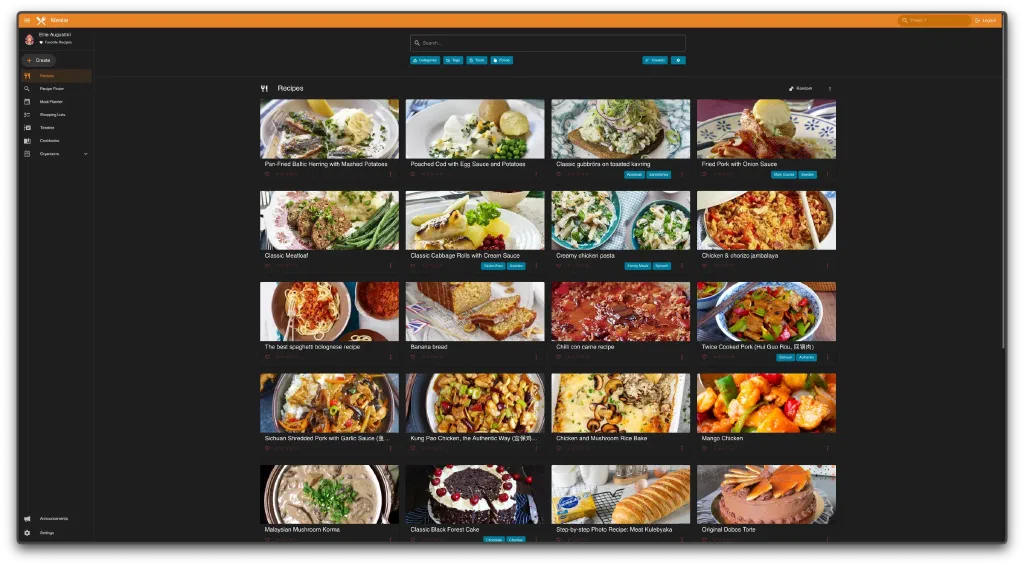 My Mealie recipe library, now considerably more international and significantly less allergic to metric units.